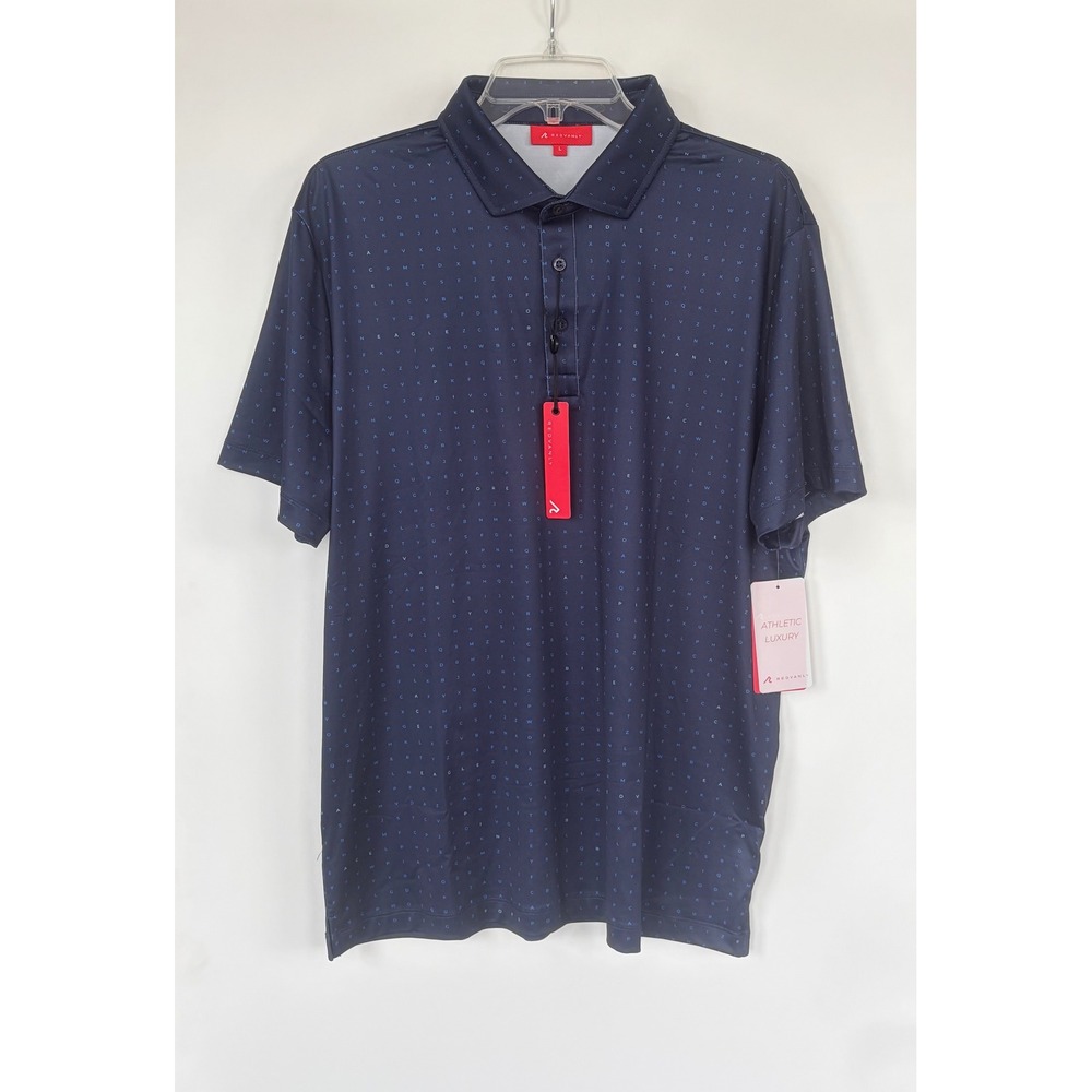 Redvanly Mens Navy Blue Letter Print Athletic Luxury Golf Polo Shirt Large NWT